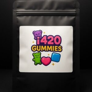 i420 Gummies™ product label featuring hemp-derived fruit chews branding in bold, colorful design
